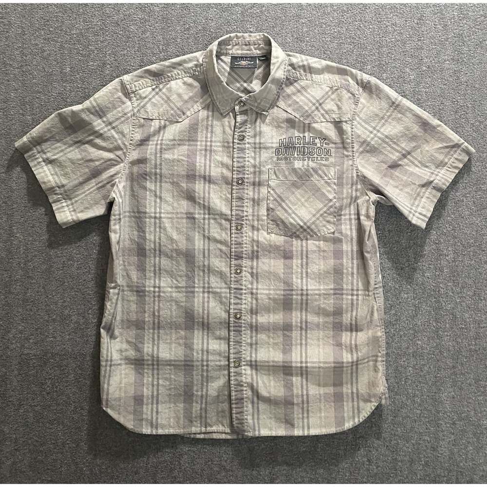 Harley Davidson Plaid Shirt Mens Light Dark Gray Check Embroidered Size XL